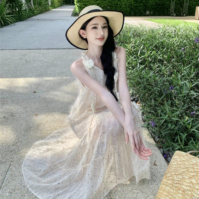 Summer New Women's Solid Color V-neck Sleeveless Rose Sequin Dress
