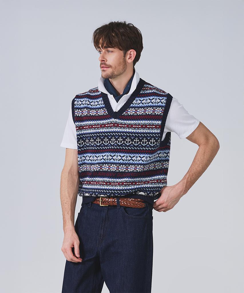 Geonjiulleunseu Grand Roque Fair Isle Cotton V-Neck Vest - Navy