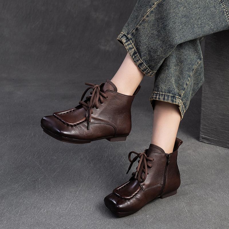 Mode GKTINOO Bottines courtes vintage en cuir de vache fait main 2024 Nouvel Automne Cuir véritable Lacets Bout rond Semelle souple Chaussures pour femmes