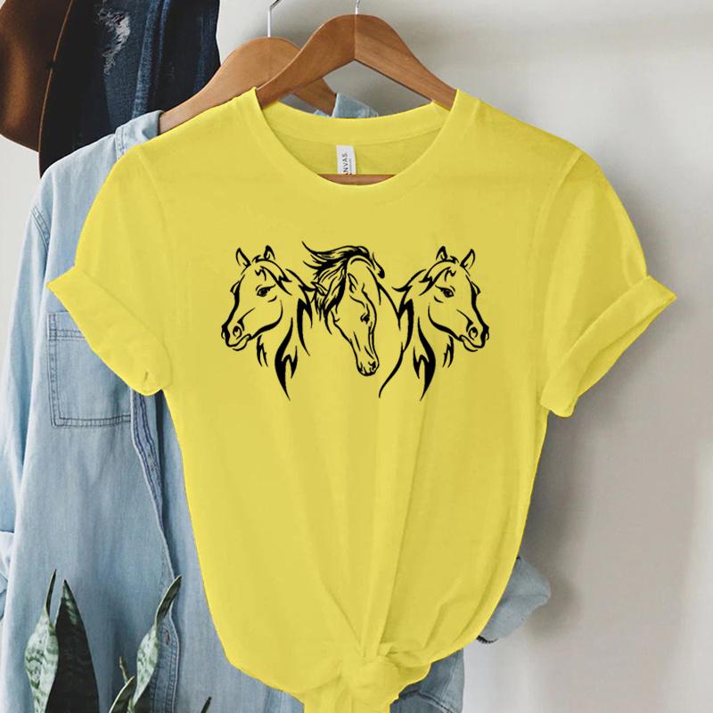 Harajuku Mode T-Shirt Druck Weiß Schwarz Pferd Grafik Damen T-Shirt Kurzarm Weiblich Sommer Pferd Lässig Locker T-Shirt