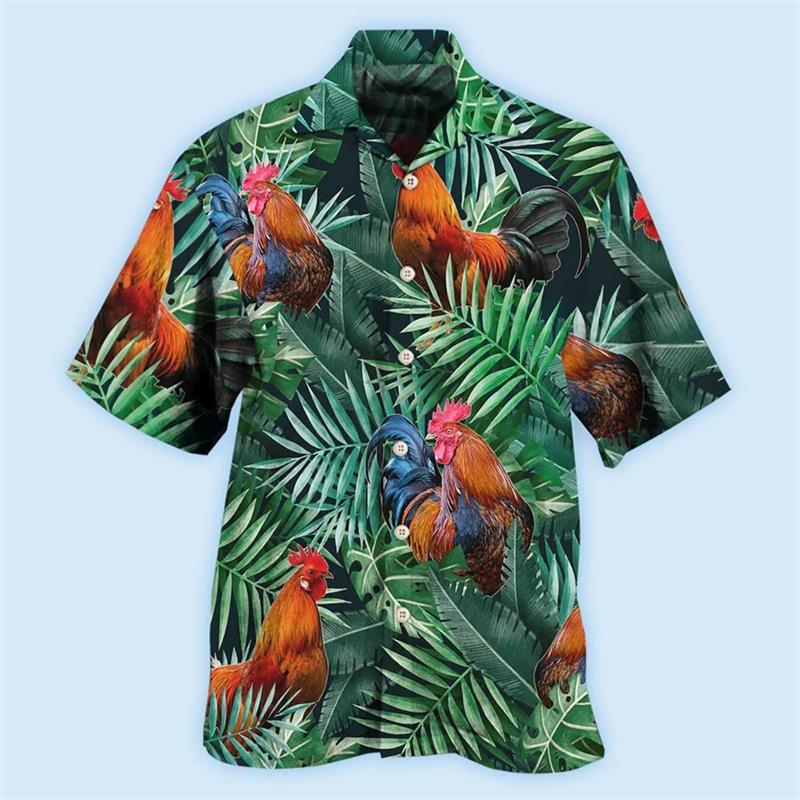 Latest Unisex Loose and Breathable 3D Printed Fashionable Chicken Shirt Beach Hawaiian Top Short Sleeved Summer Shirt