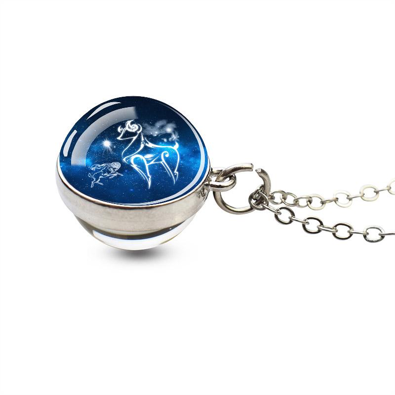 12 Constellations Double Side Glass Ball Silver Plated Necklace Jewelry Pendant Accessories Women Birthday Gift