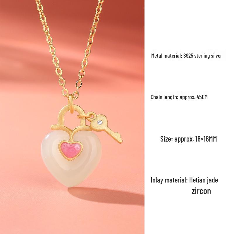 Romantic Heart Enamel Clavicle Necklace in Natural Hetian Jade & S925 Silver