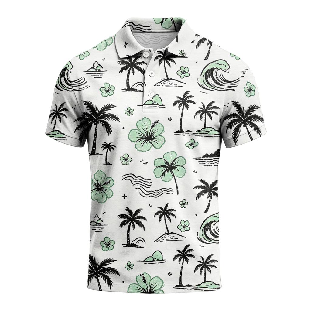 Men's Summer Hawaiian Style Printed Polo Shirt Loose Casual Vacation Short Sleeve Top Lightweight Breathable Fabric