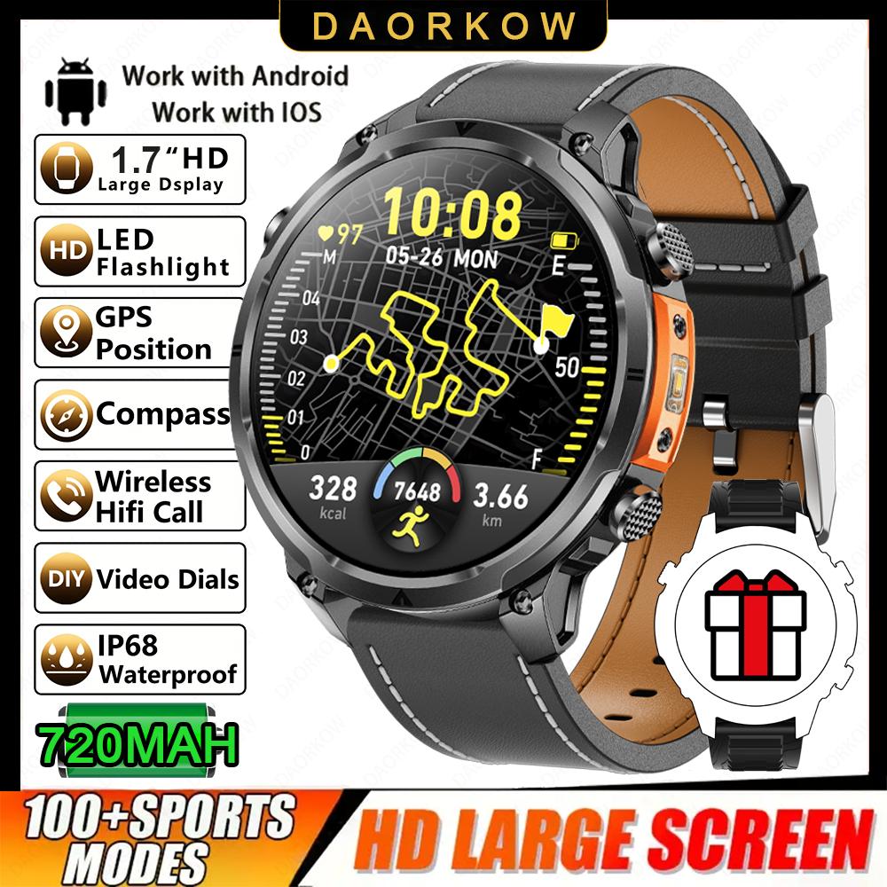 New Men GPS Smartwatch 1.7" HD Screen Military Call IP68 Waterproof 100 Sport Modes Smart Watch with 720mAh Large Battery