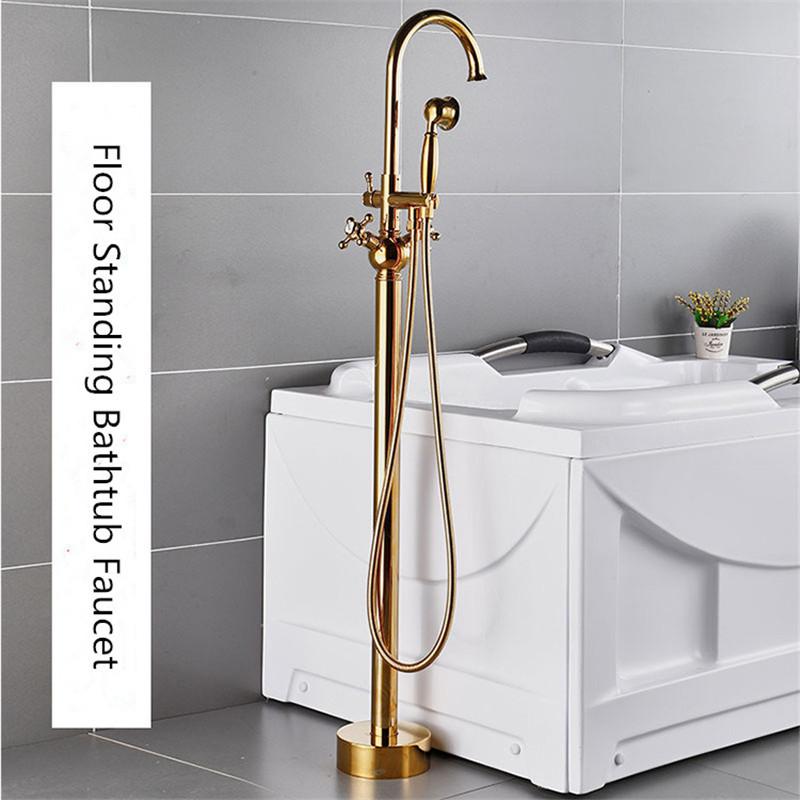 Tuqiu Gold Bathroom Bathtub Faucet + Handheld Shower Free Standing Luxury Waterfall BathTub Mixer Taps Floor Mounted