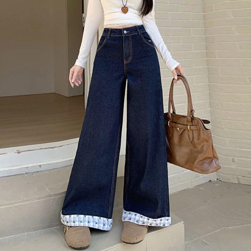 

Джинсы прямого кроя для женщин больших размеров с высокой посадкой, свободного кроя, широкие брюки XL темно-синий