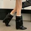 Punk Belt Buckle Pointed Toe Mid Calf Boots Women Fashion Thick Heel Wide Leg Pants Boots Woman Autumn Winter Pu Leather Botas
