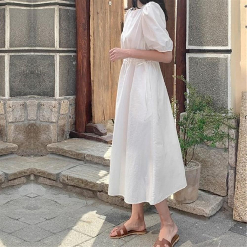 New Arrivals Open Run Women Lovely Plain Cotton Puff Short Sleeve Flare Long One