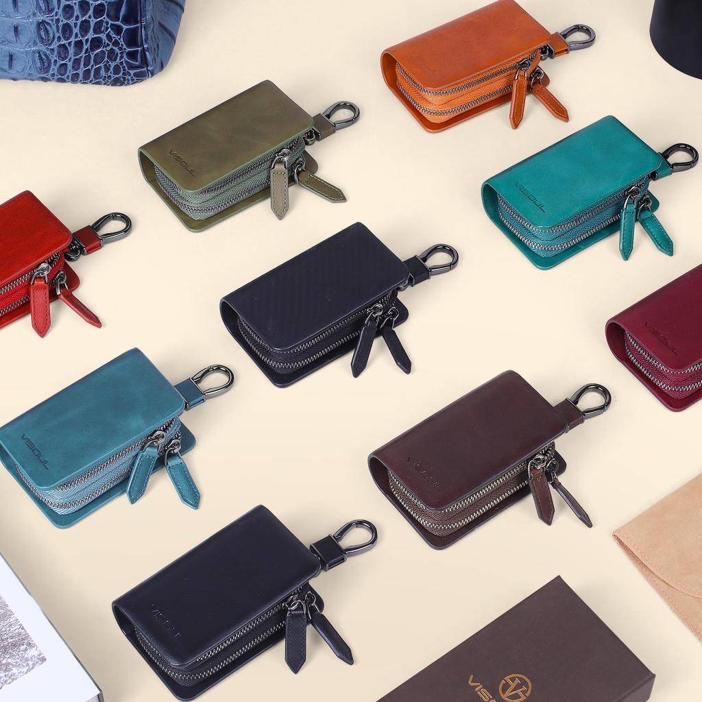 VISOUL Smart Key Case, 2-Key Capacity, Genuine Leather Smart Key Cover, Key Holder with Carabiner, Keyless Accessory for Men and Women, Carbon