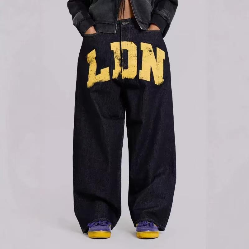Jeans im amerikanischen Stil mit Buchstabendruck, Trendige gerade geschnittene lockere Marke Denim-Hose