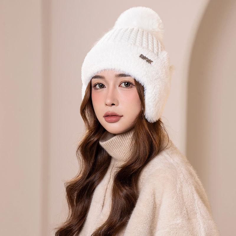 Fleece warm knitted ear protection hat women's winter cold-proof pullover wool hat outdoor cycling sports plush hat