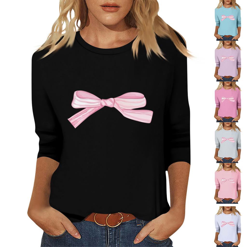 Ladies' Fashionable And Casual Seven Quarter Sleeve Bow Printed Pullover Top