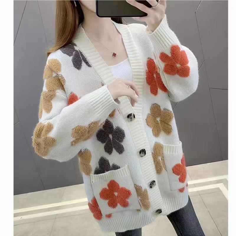 

Autumn new women s sweater jacquard outside with loose knitted cardigan collar jacket women s top autumn and winter tide average size