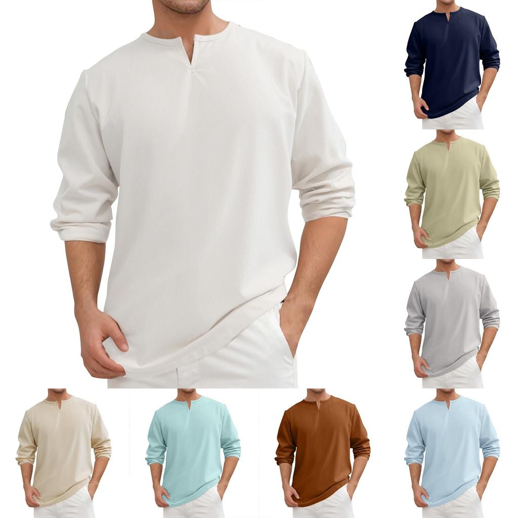Men's Summer Solid Color Cotton And Linen V-neck Loose Long Sleeve Tops Men's Casual Fashion Long Sleeve Tops