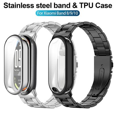 Stainless Steel Strap & TPU Case for Xiaomi Mi Band 10 9 8 Magnetic Loop for Xiaomi Smart Band 8 9 Metal Watchband Correa Band 10 Bracelets