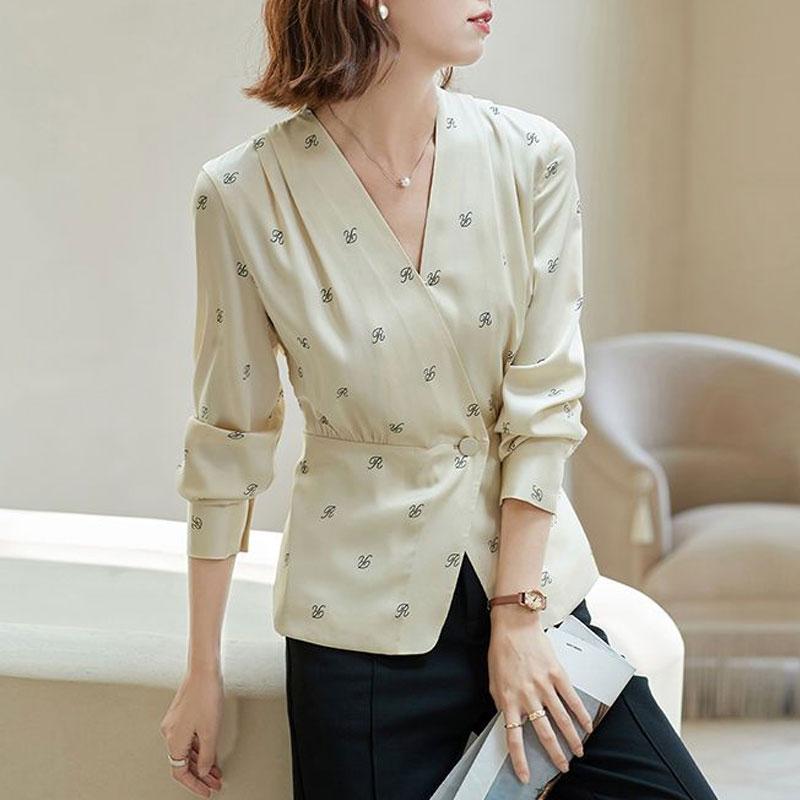 Casual Single Button V-Neck Shirt Commute Letter Printed Women's Clothing Long Sleeve Spring Autumn Stylish Waist Spliced Blouse