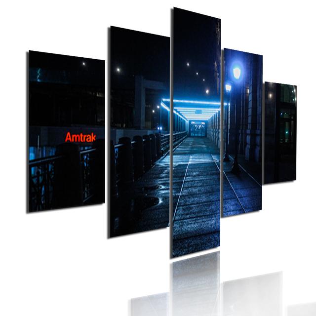 Wall Art Metropolis Skyscrapers Canvas Painting 5 Pieces Modular Picture Bustling City Night Poster HD Printed for Home Decor