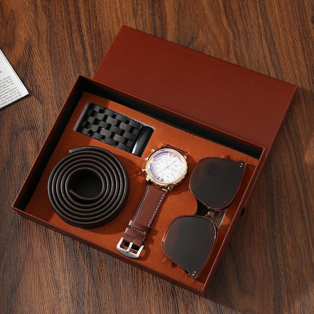 Premium Men's Souvenir Gift Set Custom Logo Leather Wallet Belt Watch Sunglasses 4-Piece Valentine Birthday Luxury Box