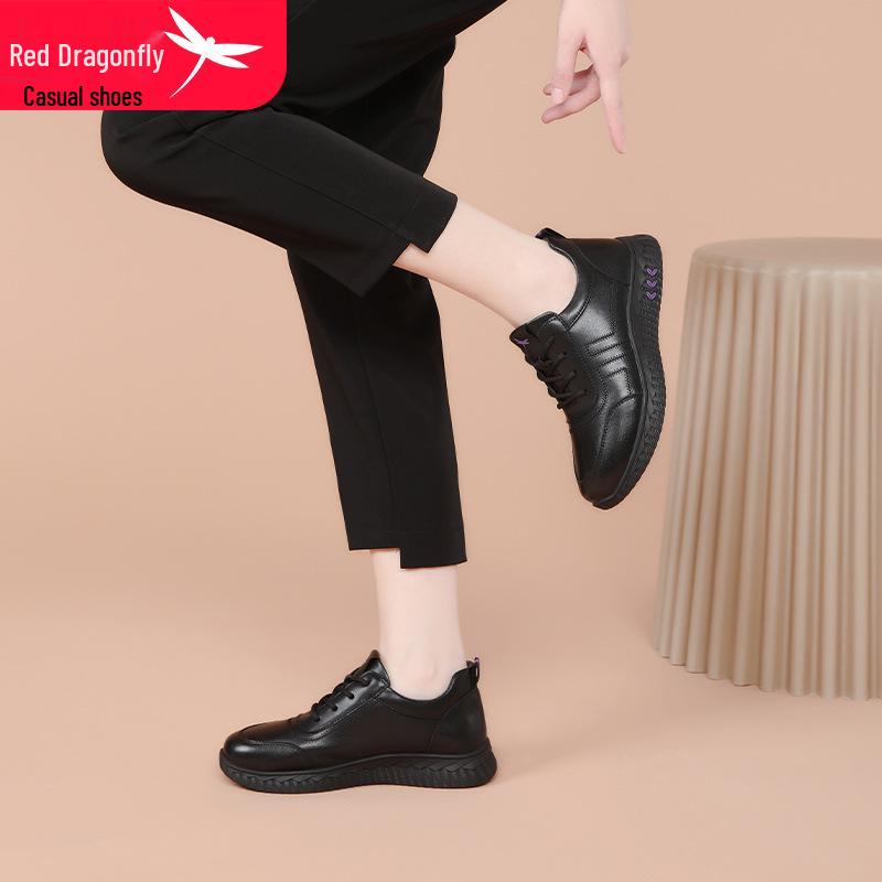 Red Dragonfly Women's Leather Athletic Shoes - Autumn/Winter Casual Warm Velvet for Elderly Mothers