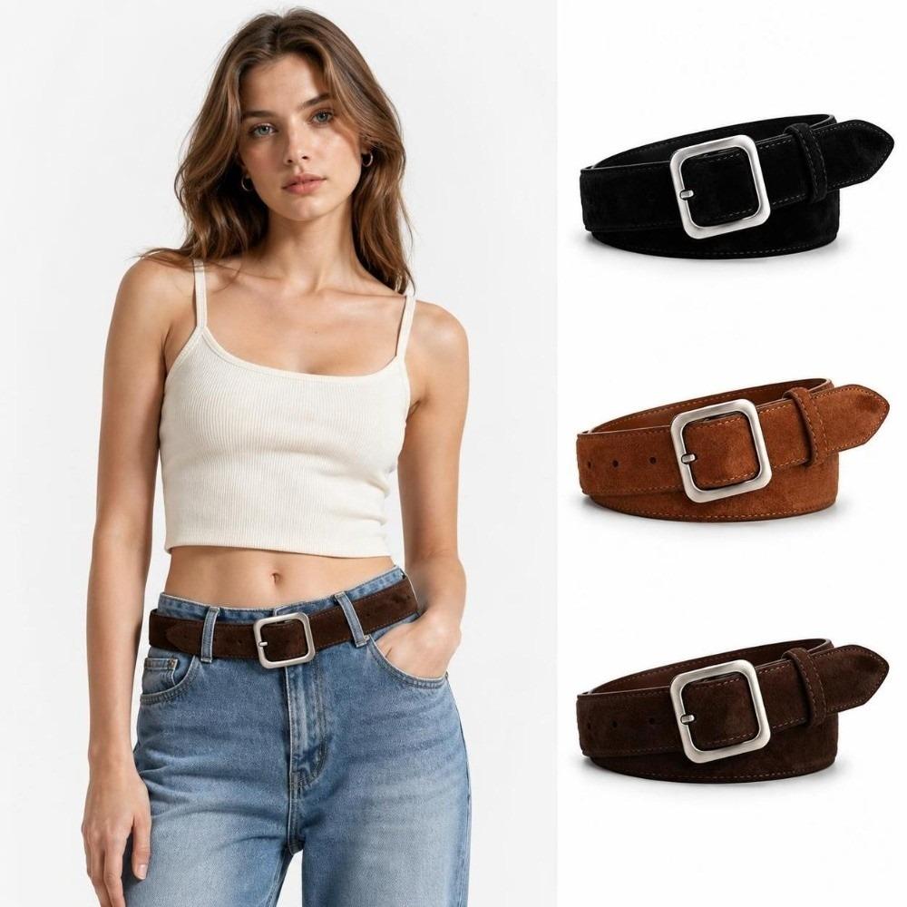 Square Alloy Buckle Suede Belt PU Leather Square Buckle Belt For Jeans Skirts Pants Dresses
