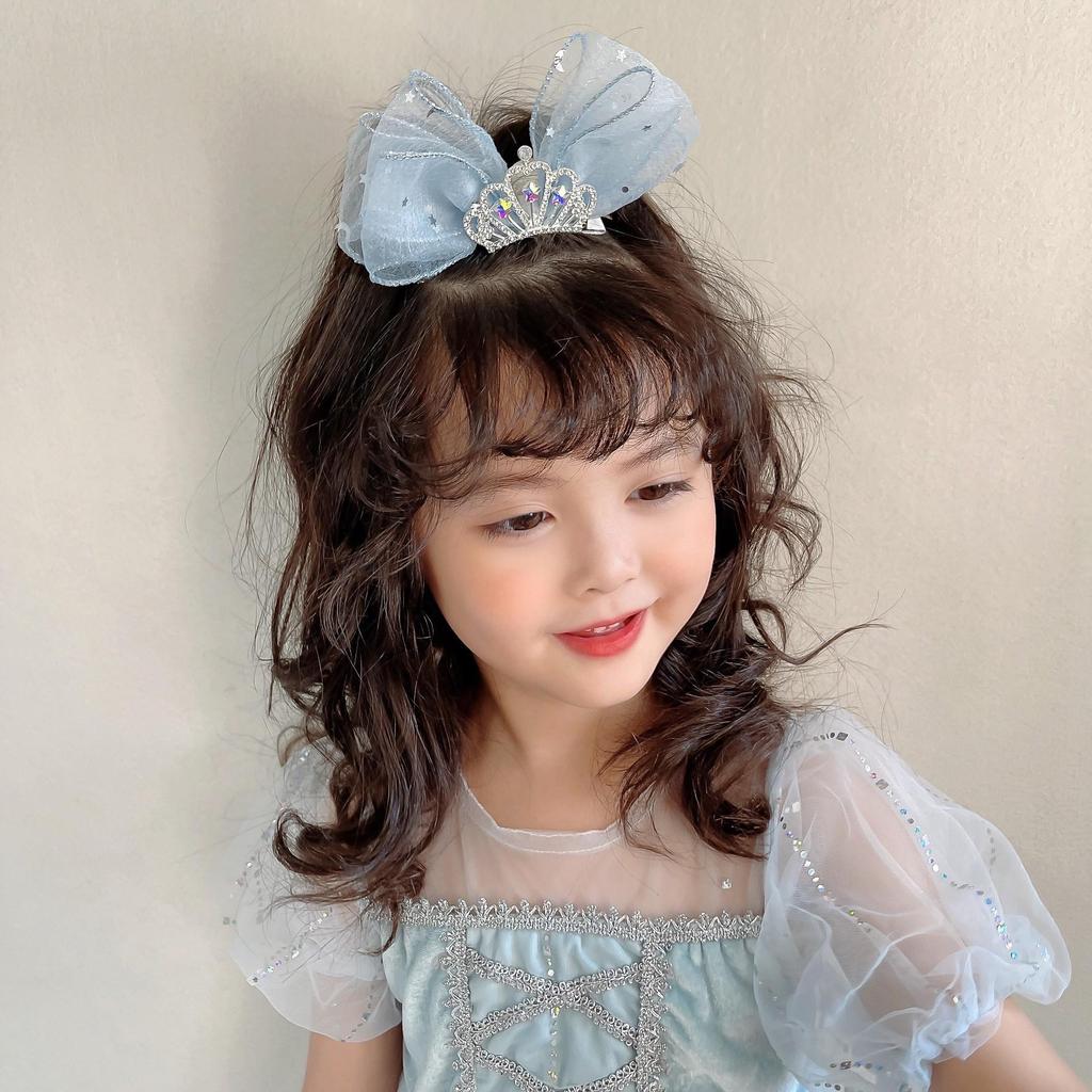 Blue Princess Bow Hair Clip with Crown and Star Snow Gauze for Girls - Large Size Performance Headdress