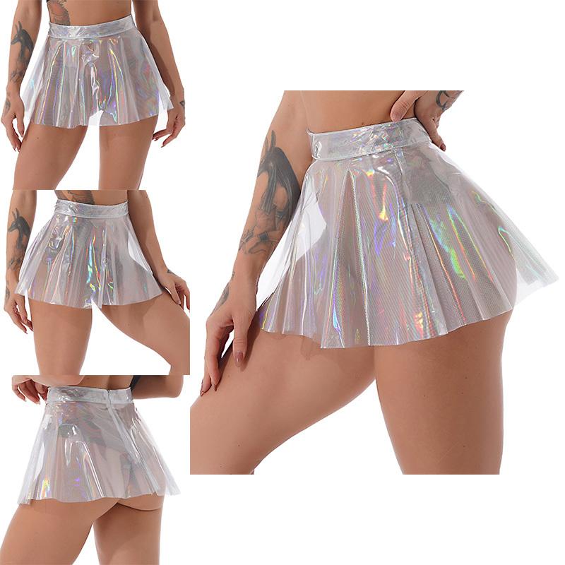 Women See Through Flared Skirt Clubwear Glossy Shiny High Waist Zipper Back Miniskirt