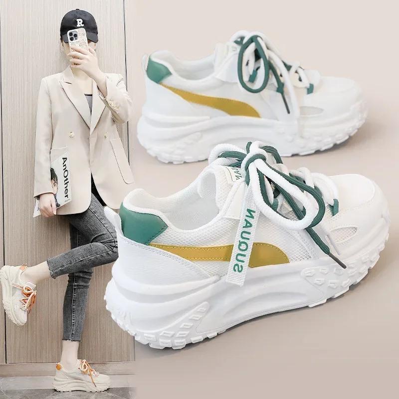 Women's Sneakers Autumn Height Increasing Breathable Thick Soled Mesh White Shoes Wear-resistant Lace Up Casual Sports Shoes