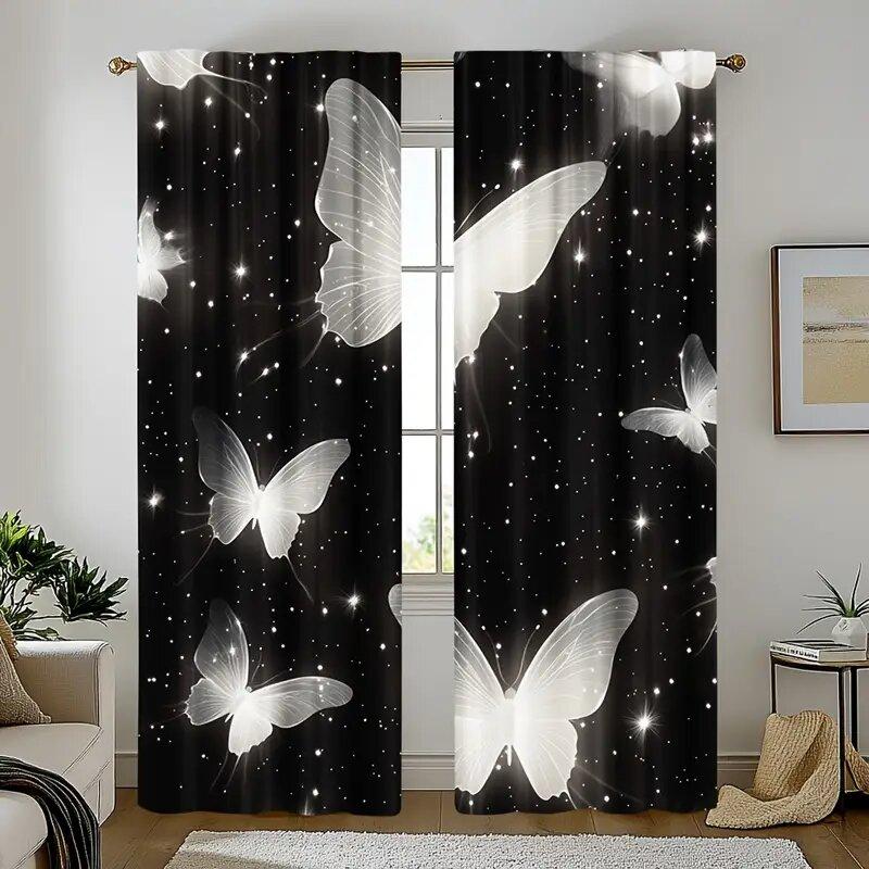 

2pcs -Black butterfly pattern print curtains pole bag curtains home decoration room decoration 100*130 Rod Pocket 1pcs