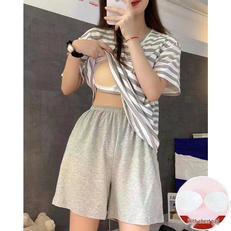 2023 Women's Summer Striped Short Sleeve Set with Chest Pad (Shorts and Long Pants)