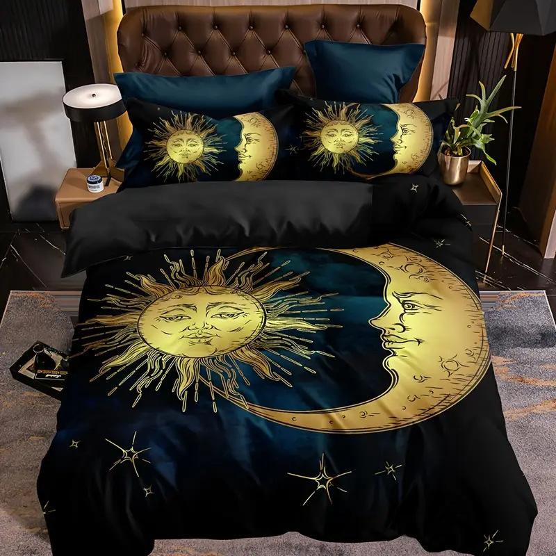 Boho Sun and Moon Duvet Cover Set Black White Floral Bedding Set Bohemian Exotic Comforter Covers Queen Bedroom Decor All Season