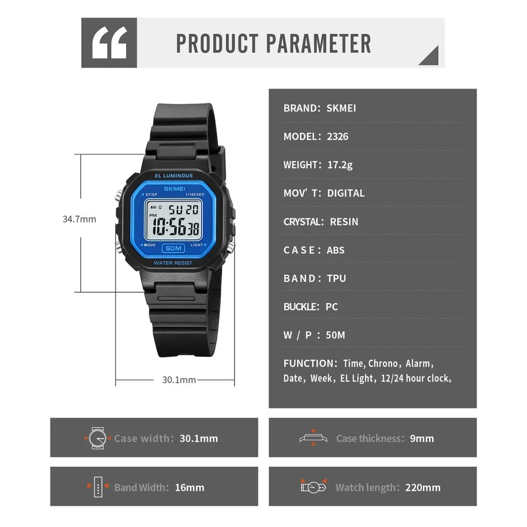 SKMEI 2326 Orologi da Polso Digitali Casual Impermeabili 5Bar Conto alla Rovescia Sveglia Femminile Data Automatica Sport Freschezza Orologio Donna Crono