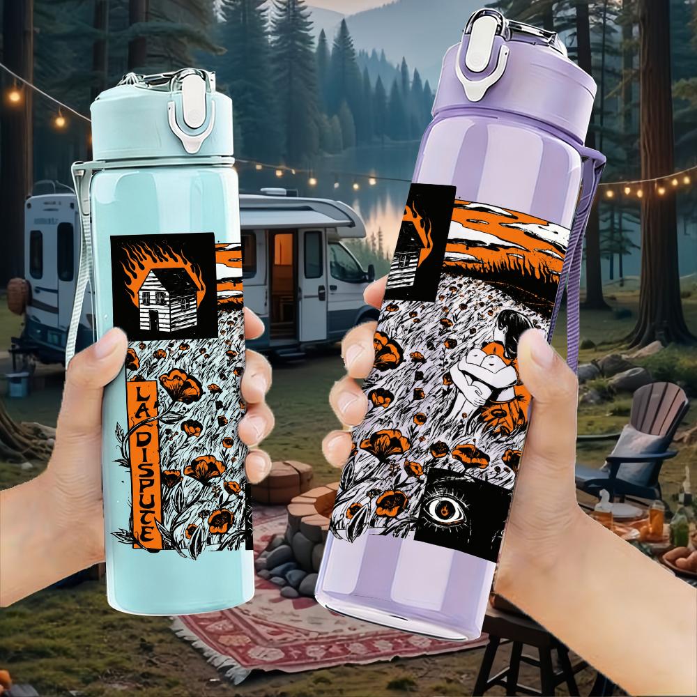 1PC Multi Color Chaotic Band Square Print 750ml Colorful Plastic Sports Water Bottle Leakproof Pop Up Lid with Straw for Outdoor Work Home Use