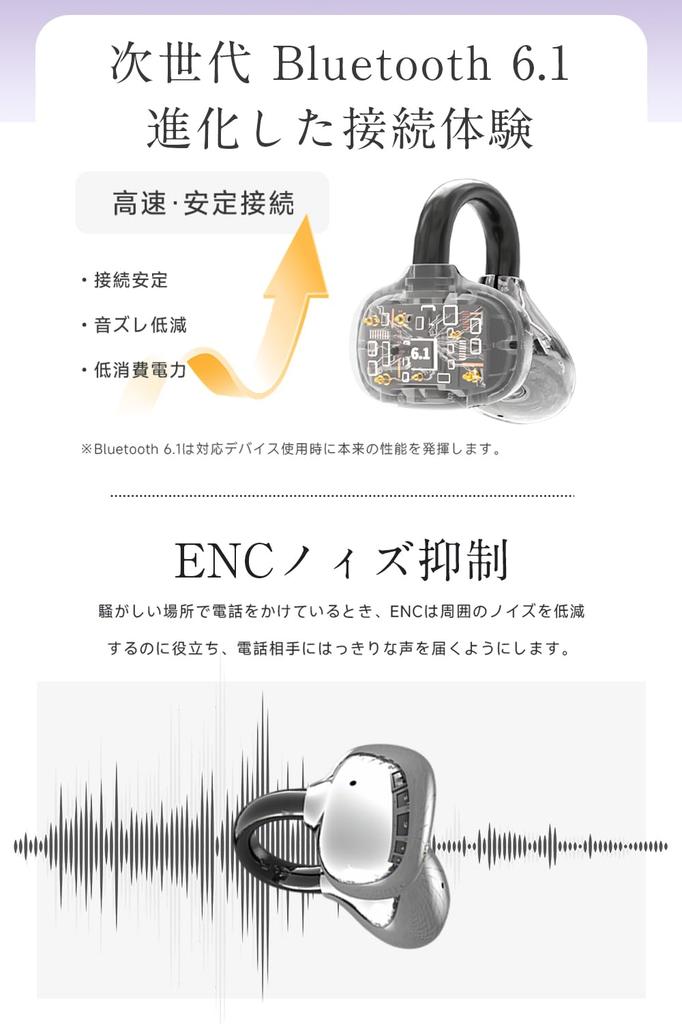 Open-Ear Ear Cuff Earphones, Air Conduction, Non-Clog, Ear Clip-on, Bluetooth 6.1 Wireless Earbuds, ENC Noise Cancelling, Sound Leakage Prevention,