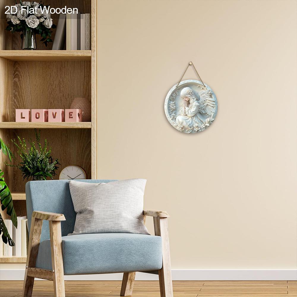 Pretty Angel Wooden Sign - Beautiful Angel Round Sign for Front Door Wall Hanging Decor Ideal Home Hanging Ornament