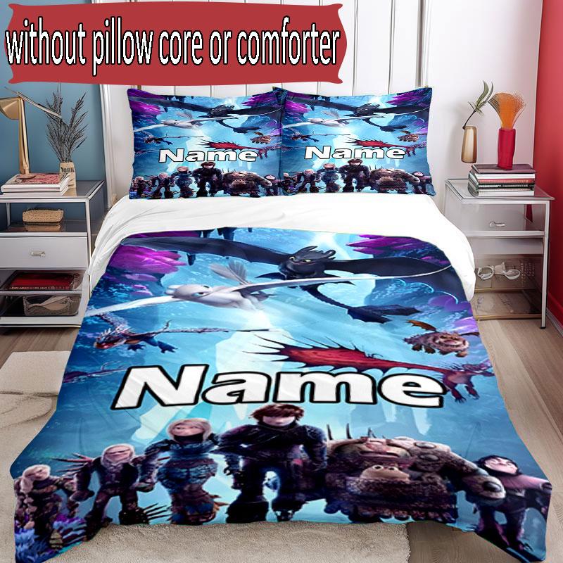3pcs Duvet Cover Set (1*Duvet Cover + 2*Pillowcase, Without Core), Custom Name How to Train Your Dragon Pattern Bedding Set, Home Bedroom Decor Gift