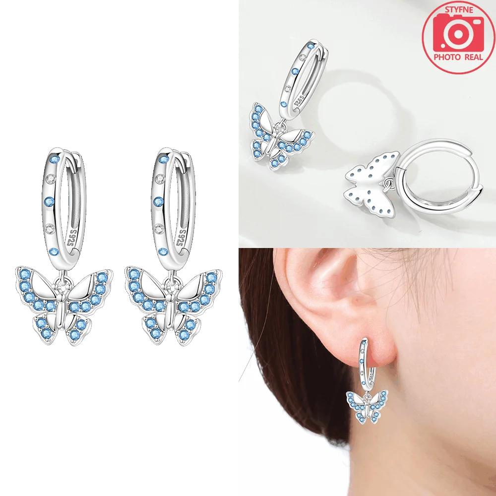 925 Silver Purple Butterfly Earrings Blue Zircon Bowknot Pendants Earrings Women Accessory Gift Valentines Jewelry