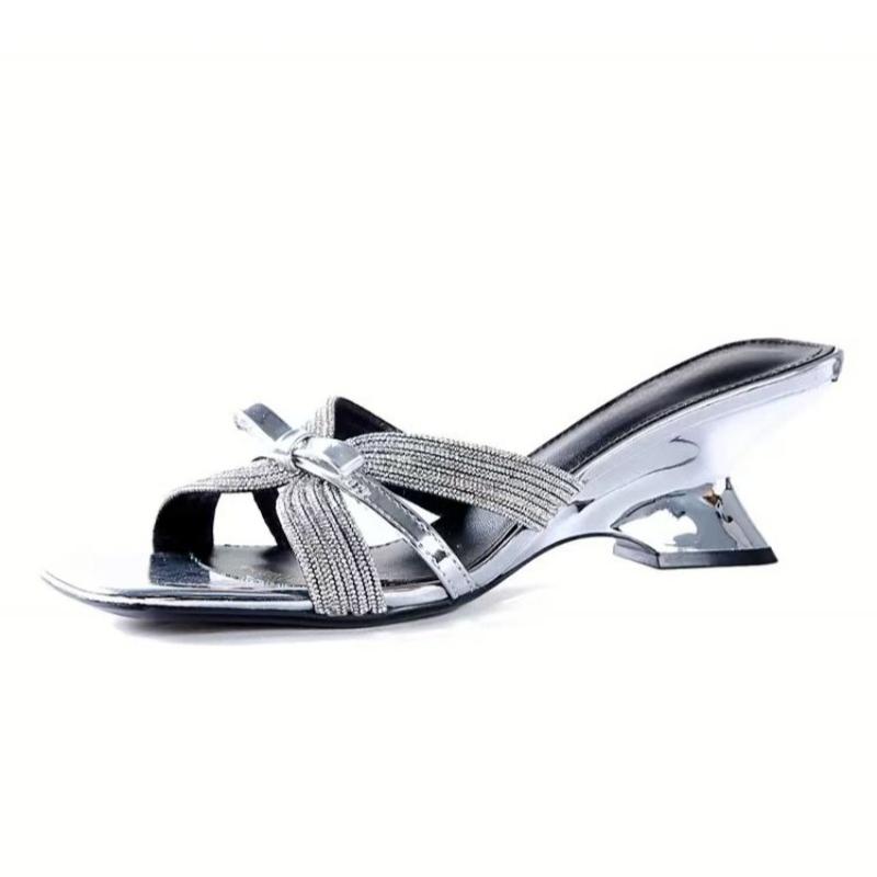 

Fashion Wedge Slippers Summer New Square Head Open Toe Glitter with Butterfly Knot Anti-slip Wear-resistant Kitten Heels 35