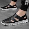 FashionGenuine Leather Men Black/Gray Sandals Dress Shoes Summer Beach Shoes Business Breathable Hollow Out Soft Thick Soles Sandals