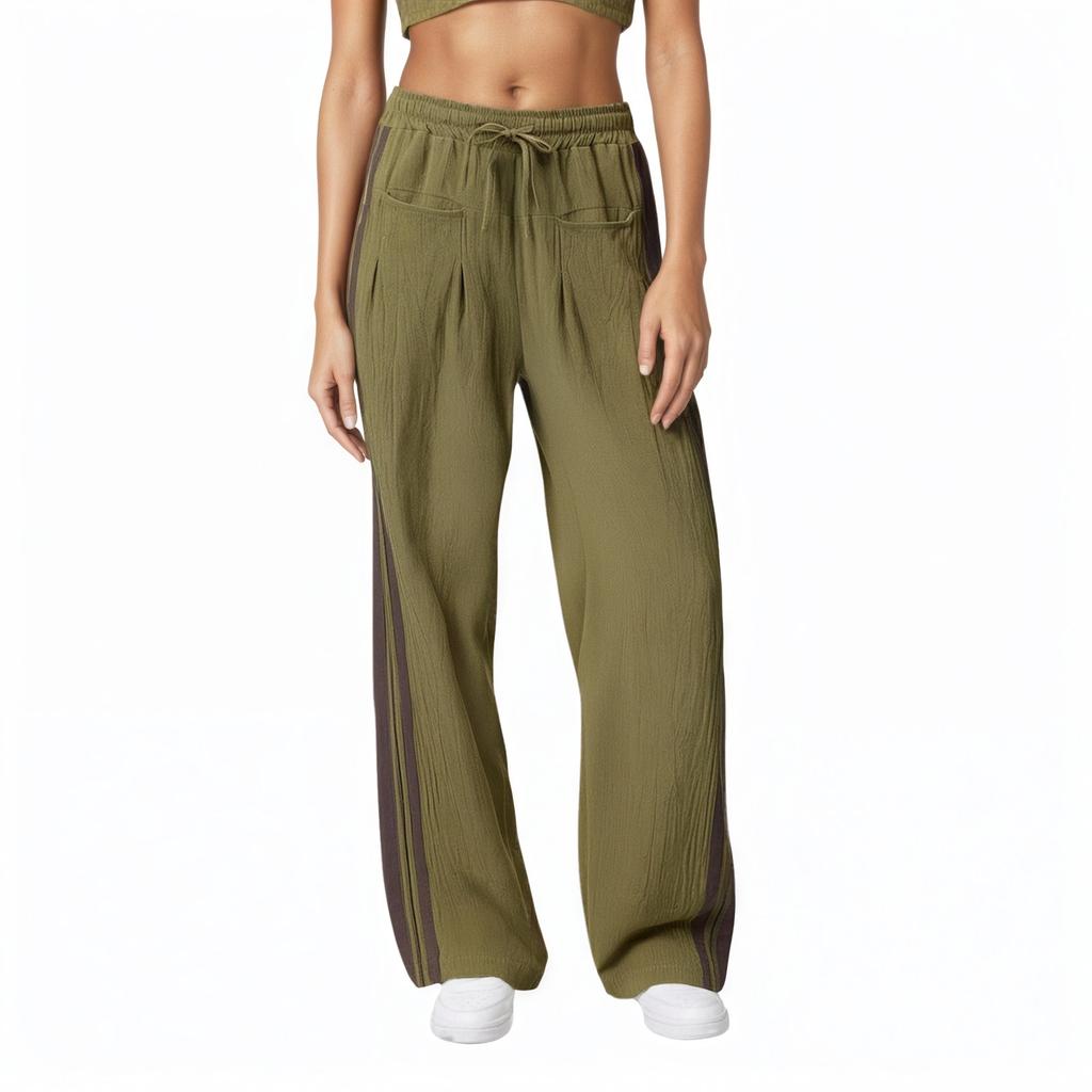 Women's Striped Side Loose Pants, Casual Waist Cinched Slanted Pocket Loose Pants