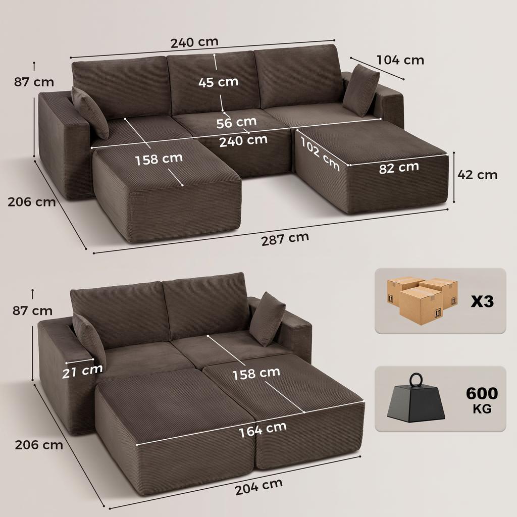 Modular U-Shaped Sofa 287 cm, Frameless, Wide Deep Corduroy Seat, High-Density Foam, No Assembly, Khaki