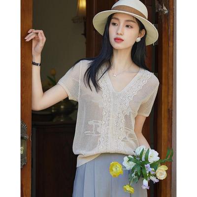 Demana Damen Sommer V-Ausschnitt Spitzenbesatz Strickoberteil