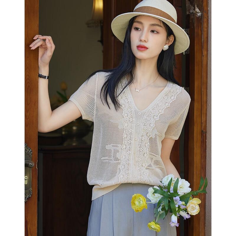 Demana Women s Summer V-Neck Lace Trim Knit Top L