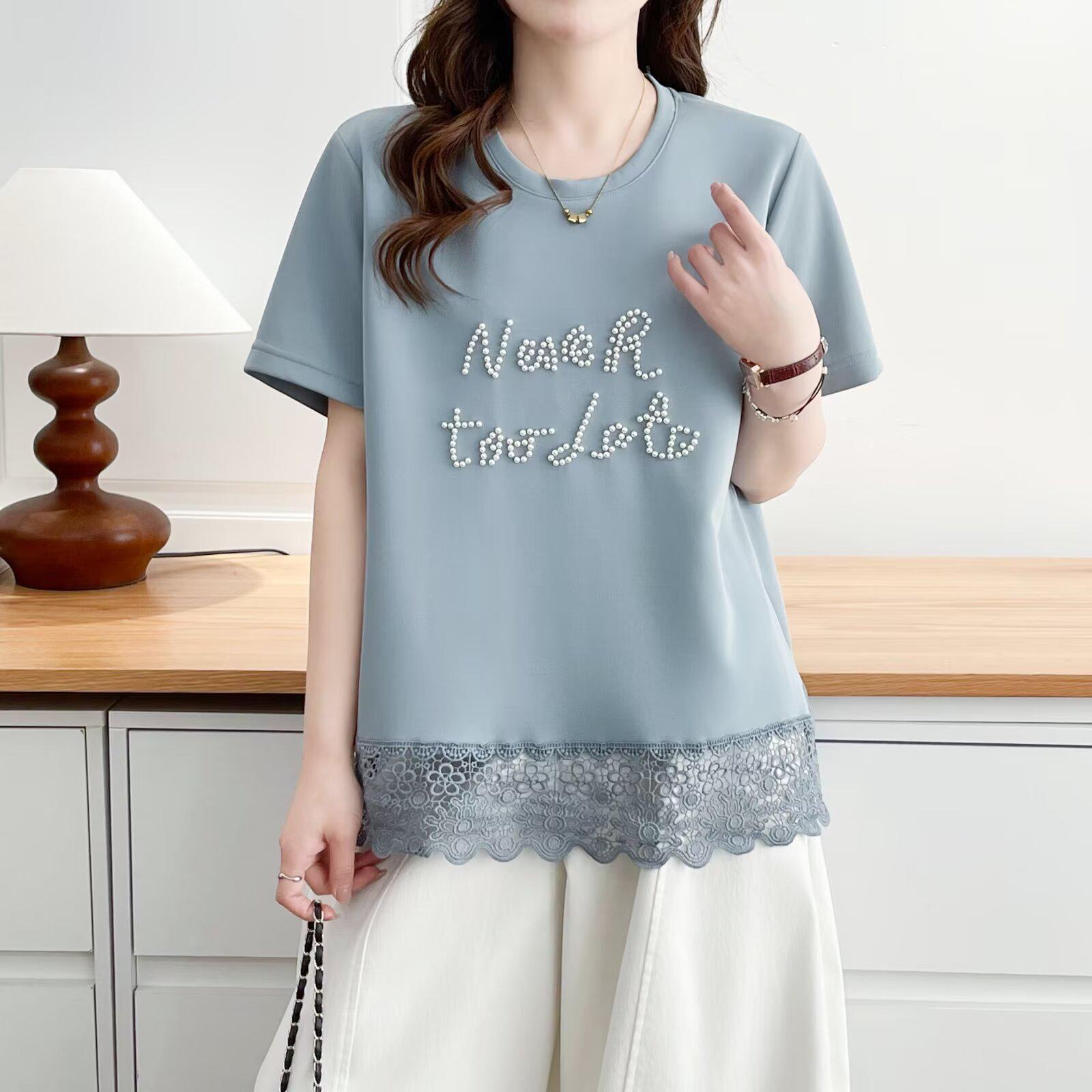 

Summer Lace Patchwork Short-Sleeve Beaded Letter Tee - Plus Size Casual Pullover XXL светло-синий