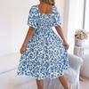 Women's Fashionable Floral Print Square Collar  Short Sleeved Dress With Large Skirt And Loose Fit