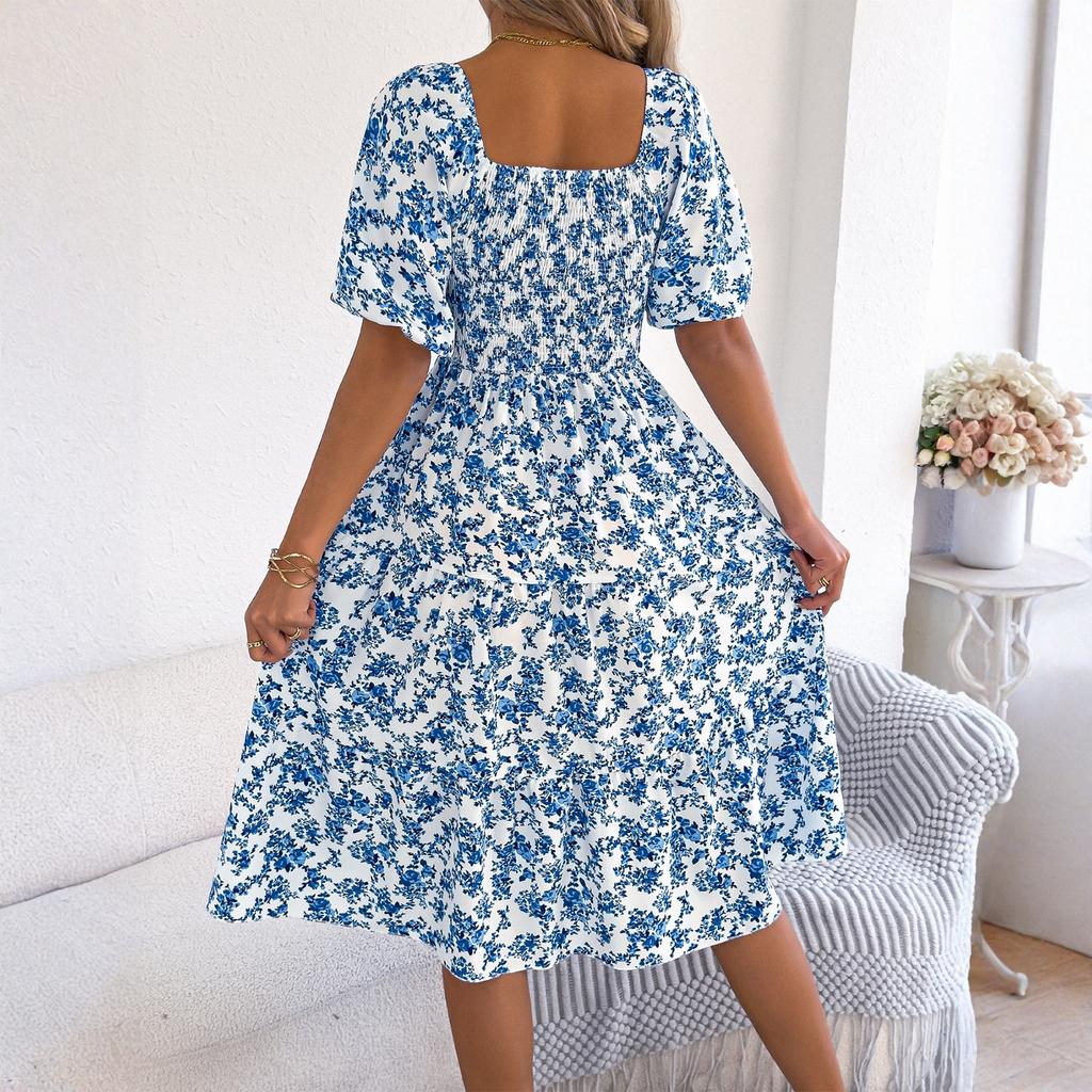 Women's Fashionable Floral Print Square Collar  Short Sleeved Dress With Large Skirt And Loose Fit