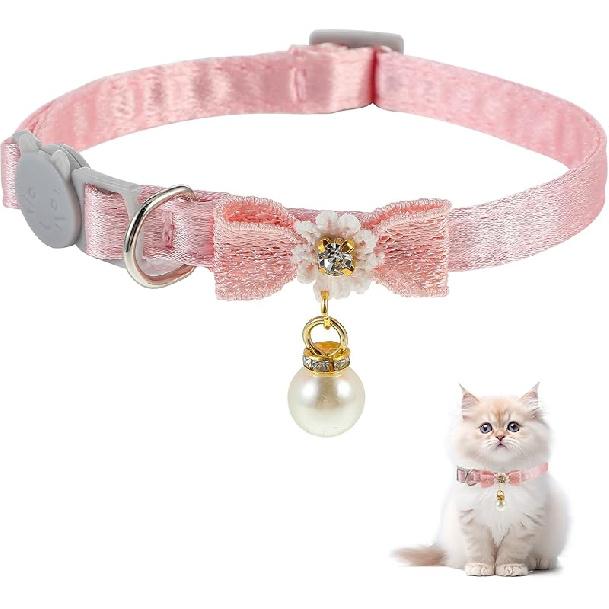 Cat Collar Breakaway, Cat Collar with Pearl Pendant Quick Release Safe Buckle Pink Bowtie Adjustable Baby Kitten Collars Cute Cat Collar for Girl Cat Style2