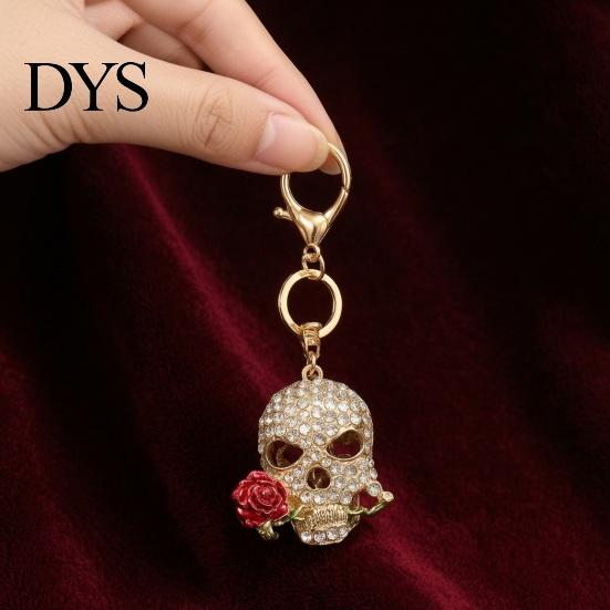 Gothic Style Keychain Holding Rose Rhinestone Skull for Halloween, Skeleton Pendant Head Key Ring, Chain Accessory Handbags Backpacks