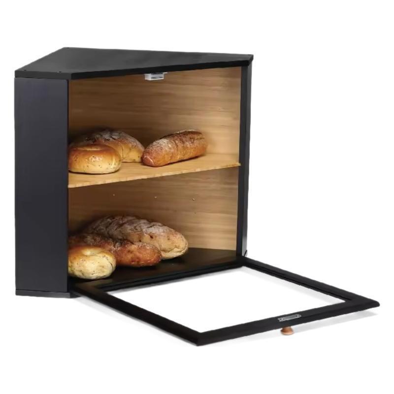 Dřevěná trojúhelníková kuchyňská rohová úložná krabice na chléb a sýr s průhlednými akrylovými dveřmi a oknem