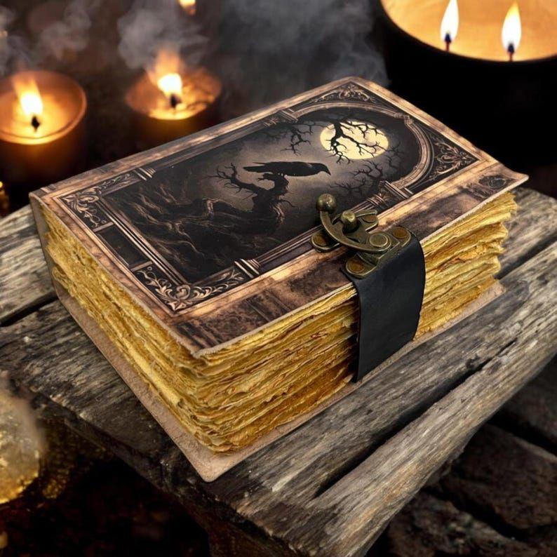 Leather Journal Gothic Notebook The Raven Grimoire Print - Vintage Handamde Journal Book of Shadows Witchcrafts Journal Gifts for Men